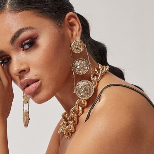 TARCLIY Vintage Punk Coin Pendant Drop Earring Unique Big Angel Portrait Circle Round Long Dangle Earrings Fashion Ear Jewelry