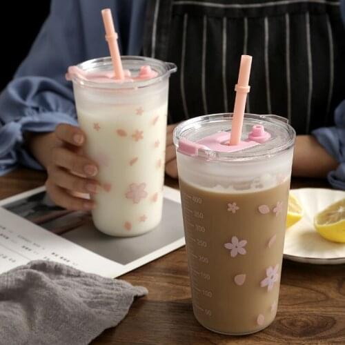 High Value Double Layer Heat Resistant Glass With Graduated Lid Straw Girl Heart Coffee Mugs Milk Tea Cup Water Bottle Drinkware