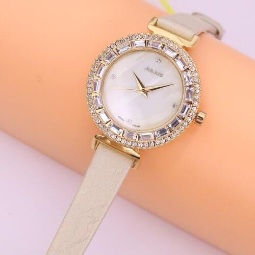 Top Julius Lady Womens Watch Mother-of-pearl Fashion Hours Dress Bracelet Rhinestone Real Leather Girl Birthday Gift No Box