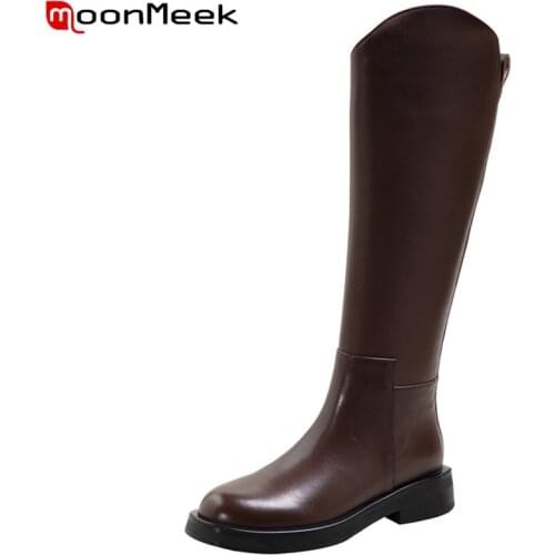 MoonMeek 2022 New Knee High Boots Big Size Comfortable Women Winter Boots Concise Popular Round Toe Genuine Leather Hot Sale
