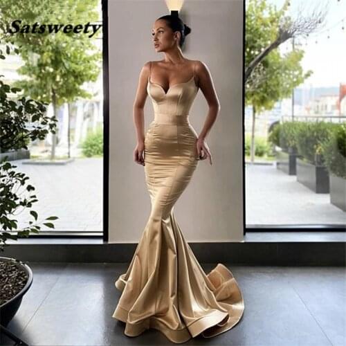 Prom Dresses Champagne Sweetheart Spaghetti Straps Silk Satin Mermaid Prom Dresses With Zipper Back vestidos de fiesta de noche