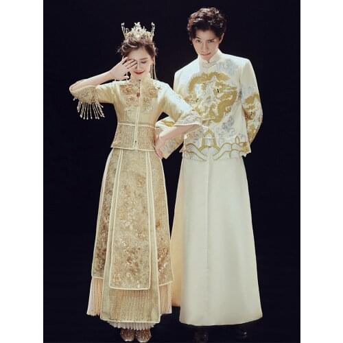 Oversize 6XL Retro Chinese Marry Pleated Skirt Cheongsam High Quality Beads Tassels Embroidery Applique Long Bride Wedding Dress