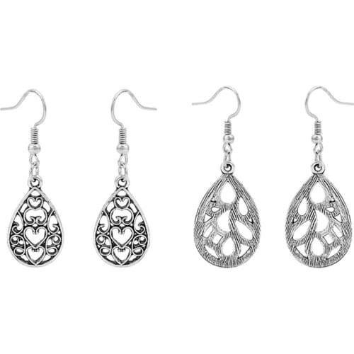 1pair Antique Silver Color Hollow Water Drop Tears Charms Pendant Earrings Ethnic Hippy Boho Dangle Statement Earring