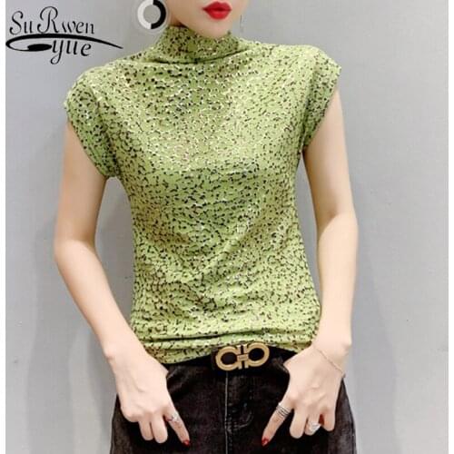 2021 Spring & Summer New Style High Collar Cotton Leopard Printed Tees Slim Fit Casual Sleeveless Base T Shirt Female 8628 50