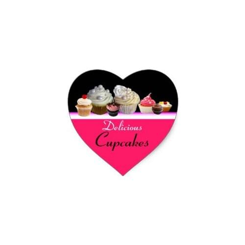 3.8cm DELICIOUS CUPCAKES BIRTHDAY PARTY ,red pink black Heart Sticker