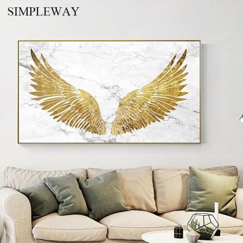 Abstract Marble Golden Wings Feather Canvas Painting Modern Wall Art Poster Nordic Print Wall Picture for Living Room Decoration