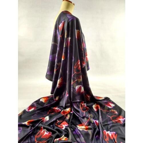 Free Women Cloth Super High Computer Digital red Flowers Heavy stretch Satin Natural Silk Fabric discount Woven Wholesale Retail