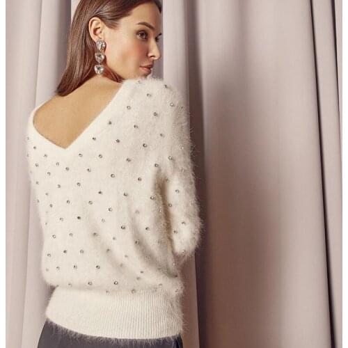 COKAGO Diamond Womens Sweater Fuzzy V Neck Sweater Women Sweaters And Pullovers V Neck Long Sleeve Oversized Pullover Jumpers