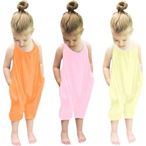 Toddler Girls Baby Kids Jumpsuit Sleeveless Sling Open Back Solid Color One-piece Suit With Pockets Kids Romper Girl Clothes