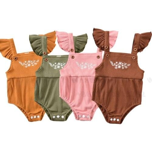 Toddlers Baby Girls Feather Printing Romper Infant Girls Flying Sleeve Button Bodysuit Baby Cotton Linen Square Collar Clothing