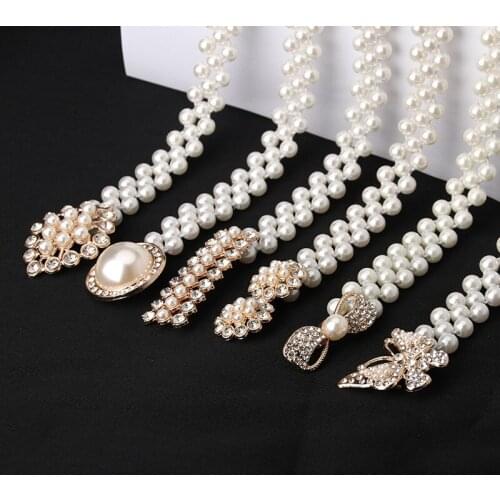 Elegant Women Pearl Belt Waist Belt Elastic Buckle Pearl Chain Belt Female Girls Dress Crystal Strap