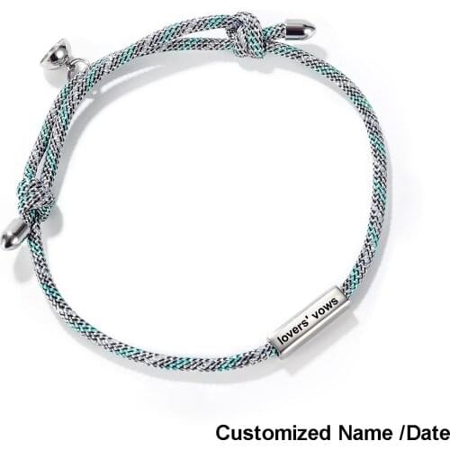 Customized Name Date Couple Bracelet Magent Braided Rope Woman Men Bracelet for Valentines Day Anniversary Birthday Gift
