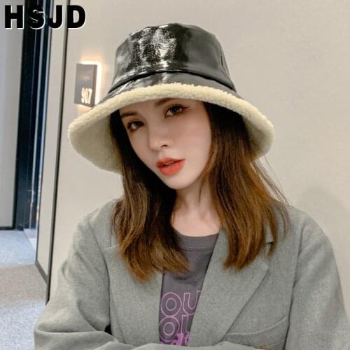 Faux Leather Bucket Hats Thickened Warm Cashmere Lining Winter Hats For Women Korean Panama Fisherman Hat Wide Brim Fishing Cap