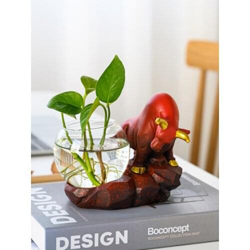 Creative Buffalo Hydroponic Succulents Flower Glass Pot Vase Small Feng Shui Ornaments Bull Figurine Home Office Desktop Decor