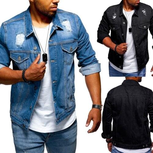 2020 Mens Denim Jacket Jacket with Holes and Long Sleeves Denim Plus Size Loose Mens Jacket Button Jacket Streetwear Jacket