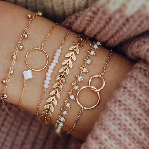 2021 6Pcs/Set Bohemian Gold Tassel Bracelets For Women Boho Jewelry Geometric Leaves Beads Layered Hand Chain Charm Bracelet Set