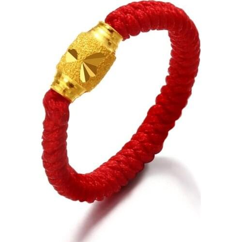 New Pure 24K Yellow Gold Bead Luck Red Braided Ring Size 4