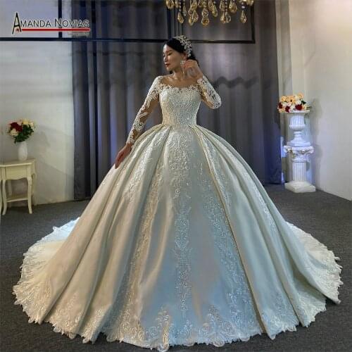 New fashion satin with lace wedding dress nice high quality satin wedding gown