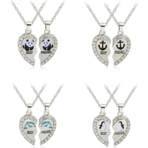 2 Pce/Set Heart Animal Pendant Necklace Cute Panda Dolphin Penguin Anchor Alloy Necklace Trendy Glamour Jewelry Friends Gift
