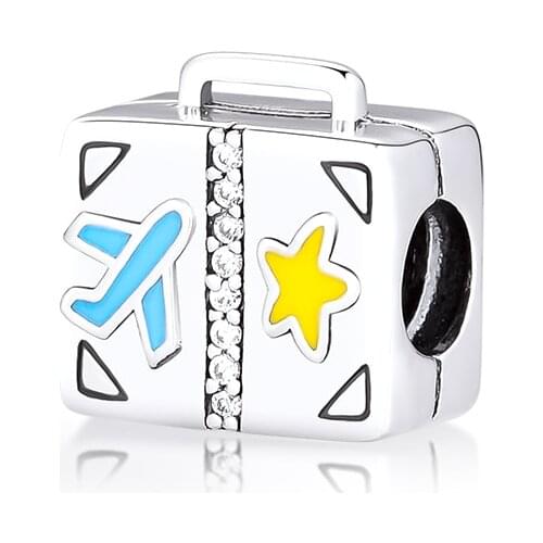 Fits for Pandora Charms Bracelets Suitcase Beads with Blue & Yellow Enamel 100% 925 Sterling-Silver-Jewelry Free Shipping