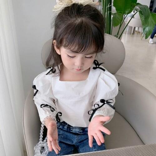 Girls' Shirt 2021 Autumn New Childrens Sweet and Lovely Korean Bow Bubble Sleeve O-Neck Top Blouse Girl