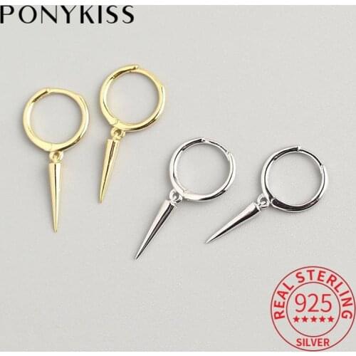 PONYKISS 100% 925 Sterling Silver Rivet Cone Hoop Earrings Party Fashion Punk Unisex Earrings Accessory Girl Hiphop Chic Gift