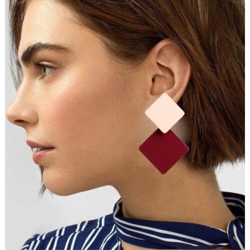 Korean version of the new paint geometric square earrings exaggerated fashion simple wild red earrings retro cold wind female