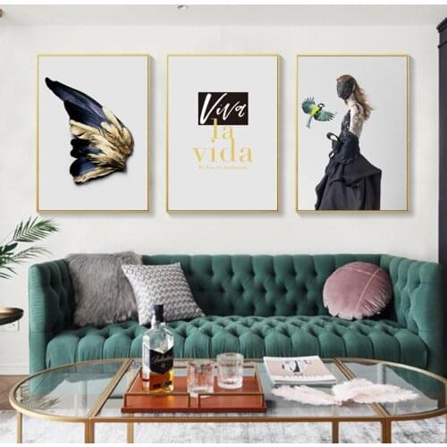 Nordic Fashion Veil woman feather lips Wall Art Canvas Painting Nordic Posters And Prints Black White Pictures For Living room