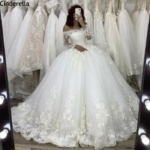Wedding Dresses Long Sleeves Boat Neck Sweep Train A-Line Lace Applique Crystal Wedding Dresses Lace Up Back vestido de noiva