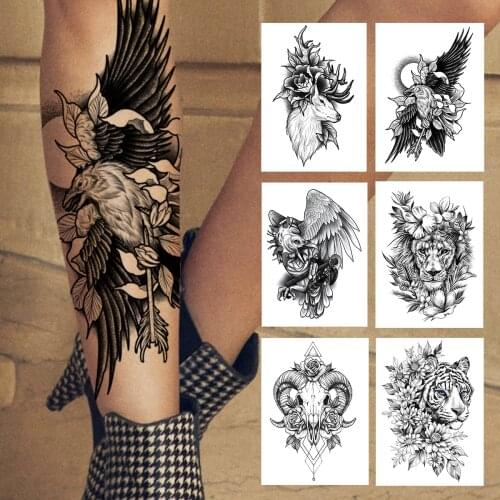 Bird Eagle Temporary Tattoo For Women Men Kids Boys Lion Deer Tiger Sheep Tattoos Sticker Black Flower Fake Covers Up Tatoos Leg