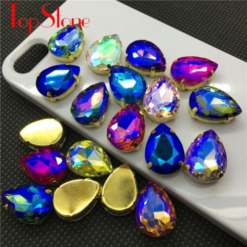 TopStone Sew On Teardrop Crystal Fancy Stone Colors AB Glass Droplet Rhinestones in Gold Claw Setting for Sewing On Dress Making