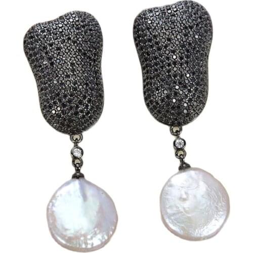 JK Gray Coin Pearl Gunmetal Black Plated Fuchsia Clear Cz Micro Pave Drop Earrings