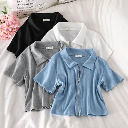 Women T-Shirt Tops Short Sleeve Turn-Down Collar Solid Short Top Summer Zipper Design Crop Tee Female Casual Clothes