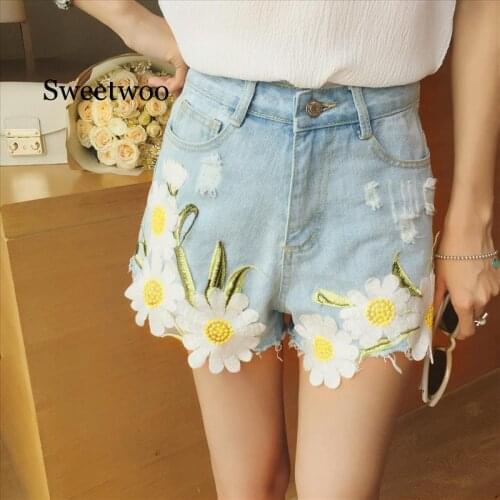 Floral Embroidery Denim Shorts Women Summer Plus size Wide leg Jeans Short Pants