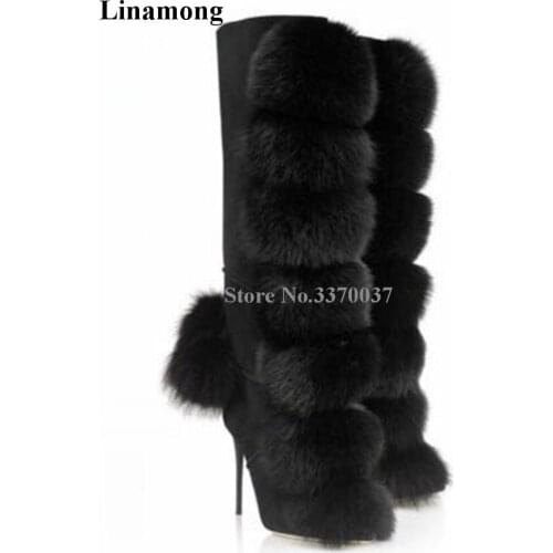 Women Charming High Quality Mink Hair Decorative Knee High Stiletto Heel Boots Zip Fur Ball Design High Heel Winter Boots