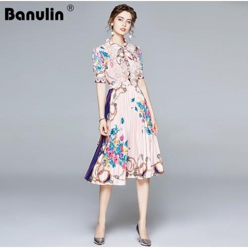 Banulin 2020 Summer Fashion Designer Pleated Dress Women Short Sleeve Lace Patchwork Floral Print Vintage Female Midi Dress