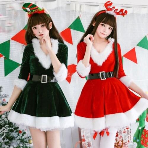 Women Christmas Cosplay Velvet Dress Dance Stage Show Performance Outfit with Belt V-Neck Fancy Sweet Girl Xmas Party Costumes