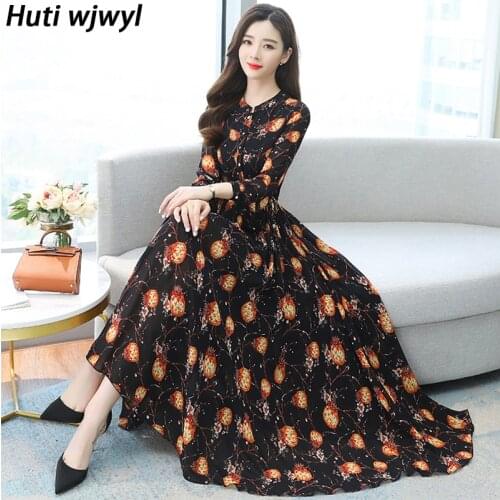 2021 Spring Autumn Women Boho Maxi Dress Party Long Sleeve Black Vestidos 3XL Plus Size Vintage Print Chiffon Casual Midi Dress
