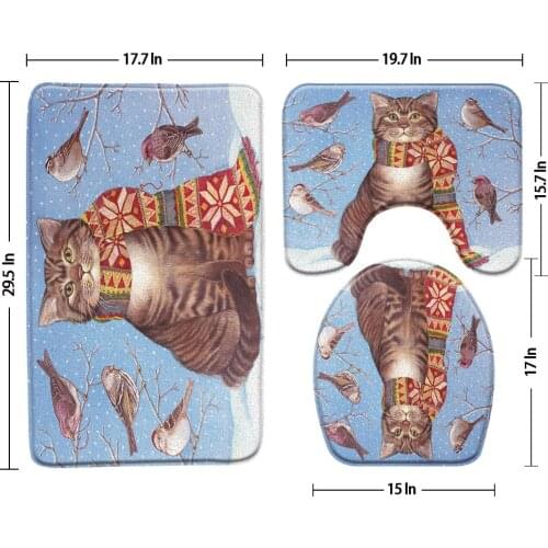 Kitten And Bird Winter Bath Mat 3-Piece Set Blue Background Watercolor Animals Bathroom Rug Carpet Anti Slip Mats Toilet Cover