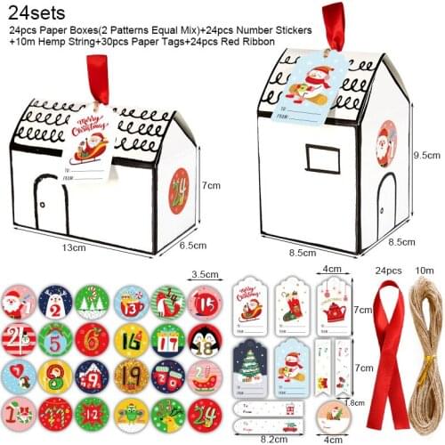 24sets Retro Small House Christmas Gift Boxes Nougat Biscuit Candy Boxes Creative DIY Baking Packaging Boxes with Stickers Tags