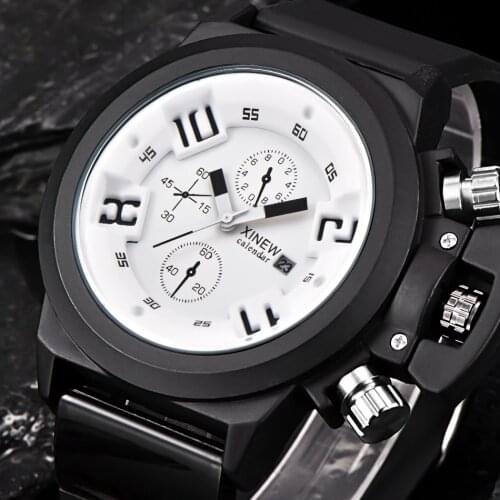 Mens Watches Top Brand XINEW Original Fashion Design Big Rubber Band Date Calendar Casual Quartz Watch Reloj Hombre Deportivo