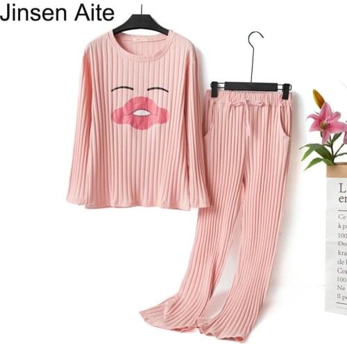 Jinsen Aite 2019 New Autumn Winter Round Neck Cute Pyjamas Women Two Pieces Gift Female Nightwear Long Loose Home Clothes JS835
