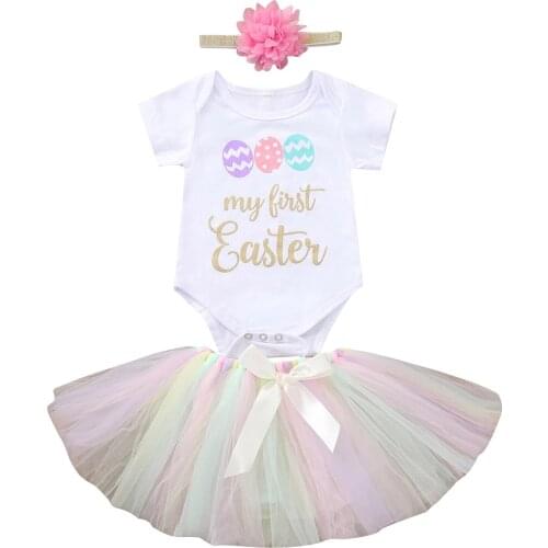Citgeett Summer Newborn Baby Girl Clothes Sets 3pcs My First Easter Letter Printed Romper Tops Mesh Tutu Skirt Set