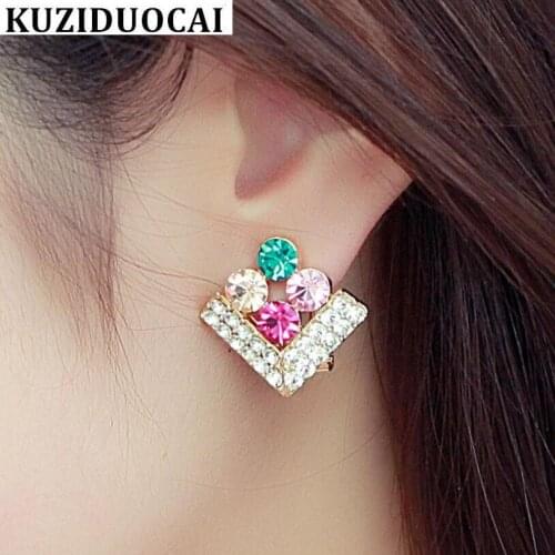 Kuziduocai New Fashion Jewelry Square Mixed Color Brilliant Colorful Rhinestone Stud Earrings For Women Brincos Pendientes E-73