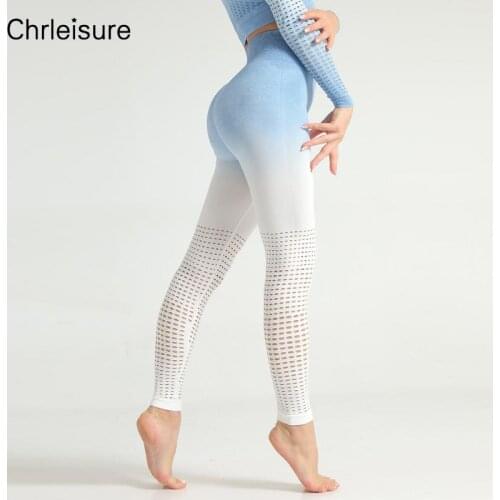 CHRLEISURE Seamless Leggings Women Gradient Printed Sport Hollow Out Breathable Fitness Quick Drying Clothing Workout Leggings