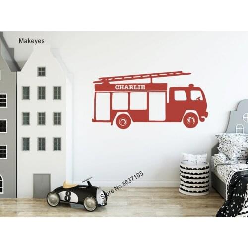 Makeyes Fire Truck Wall Decals Personalized Names Wall Sticker Fire Station Vinyl Design Wall Mural Kids Room Nursery Decor Q691