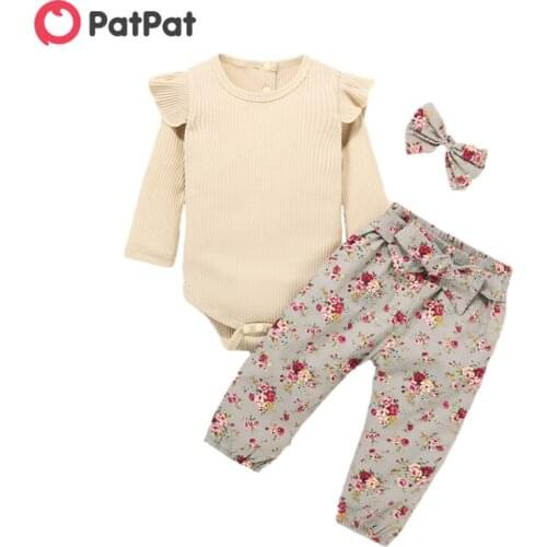 PatPat New Arrival 2021 Spring and Autumn Baby Girl Solid Long-sleeve Bodysuit and Flower Print Belted Pants Sets Baby Clothing