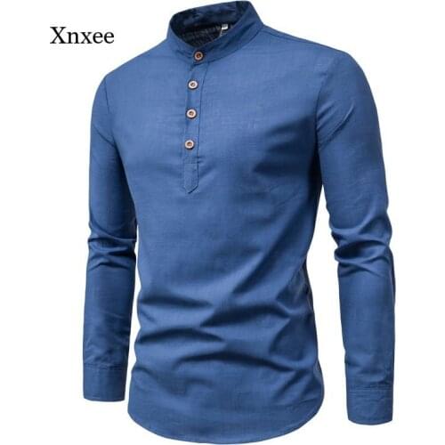 Slim Mans T-Shirt Casual Shirts Long Sleeve Slim Fit Linen Buttons Stand-Up Collar Shirt Lelaki Plus Size Men Clothing