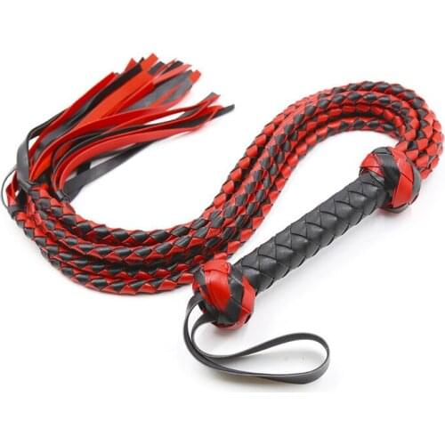 Extra Long Handle Whip Leather Tassels Whip Role Play Costume Accessories for Couples 4 Plait Bullwhip Red with Black