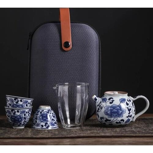 Blue-and-White Porcelain with The Travel Tea Outdoor Portable Storage Ceramic Kung Fu Tea Set Tea Ceremony Set Tea Pot with Cup